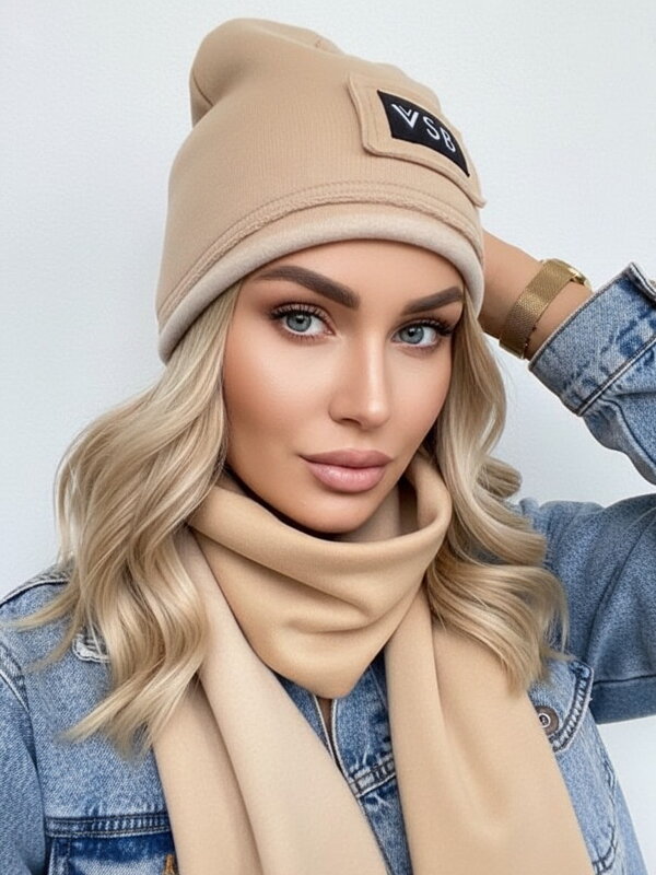 Luxuriöses VSB Sweat-Set Schal + Mütze Nude