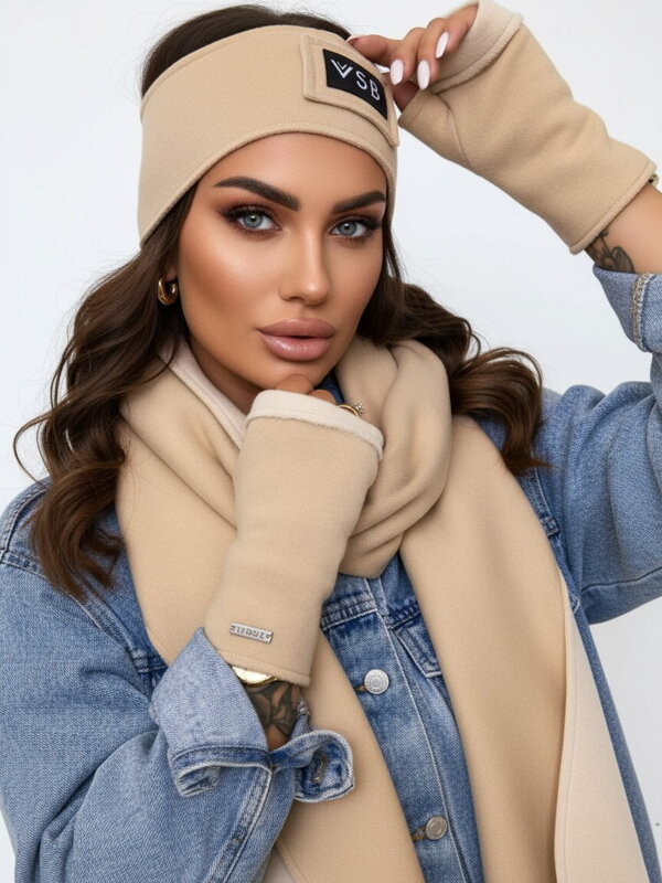  VSB Set Schal + Stirnband+ Handschuhe beige