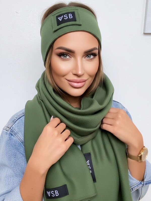 Luxuriöses VSB Jogging-Set: Schal + Stirnband, Oliv mit Schwarz