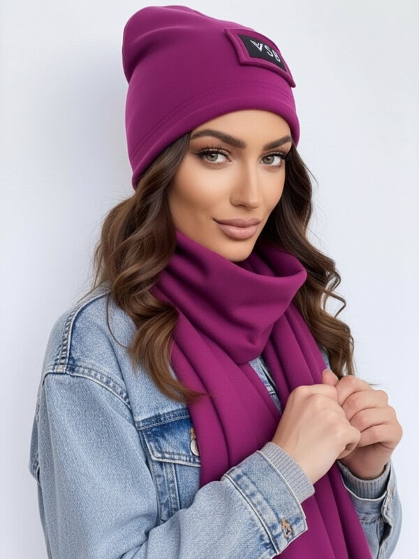 Luxuriöses VSB Set aus Sweatstoff: Schal + Mütze, Pflaume