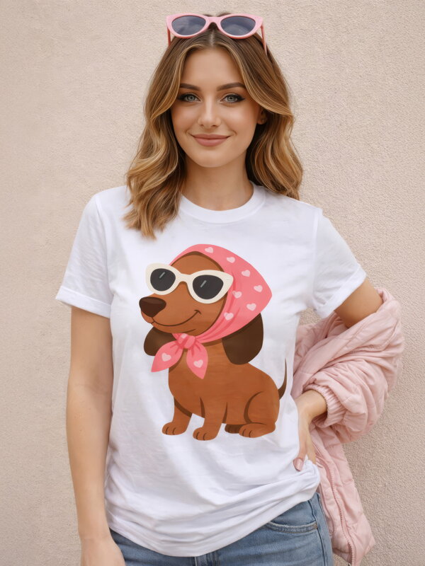 Dámske tričko s potlačou jazvečíka a okuliarmi