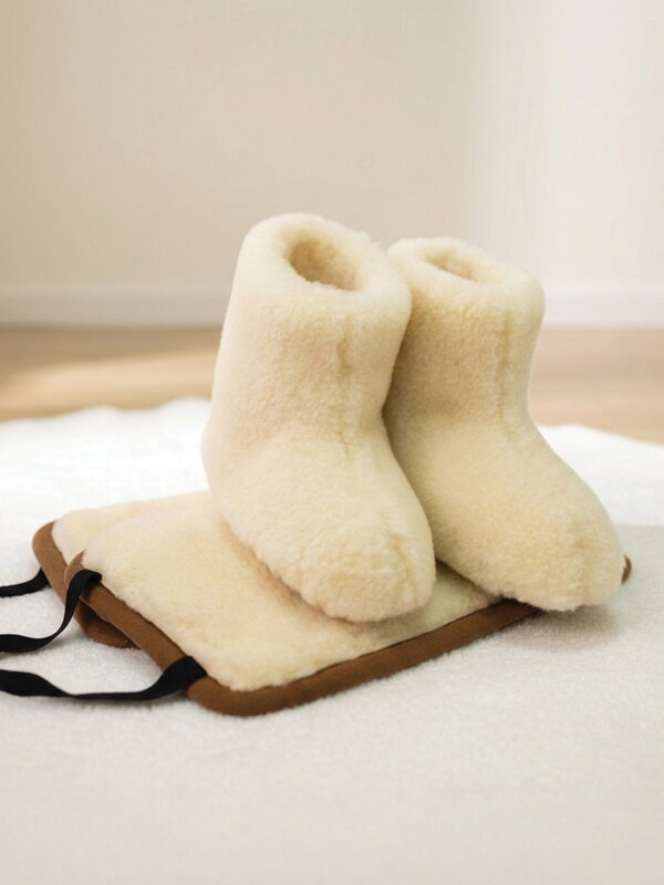 Warmes Set- Nierengurt und Pantoffeln aus Schafwolle weiß