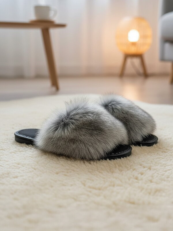 Offene Damen Hausschuhe Modell mit Pelz grau