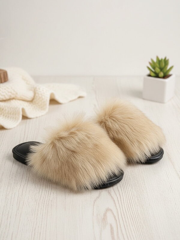 Offene Damen Hausschuhe Modell 50 mit Pelz hellbraun